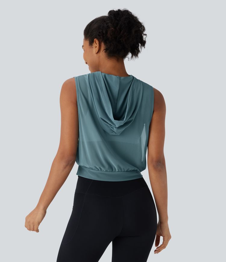 Hooded Sleeveless Mesh Cropped Running Tank Top