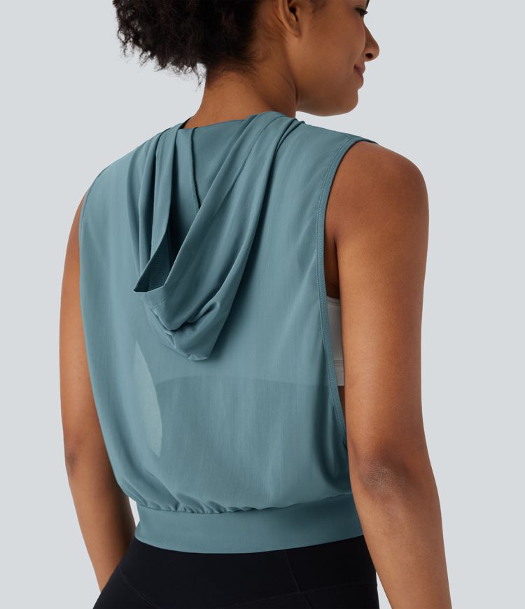 Hooded Sleeveless Mesh Cropped Running Tank Top