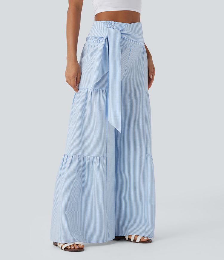 Pantalones anchos casuales de tiro alto con lazo en la espalda, fruncido y rayas fluidas