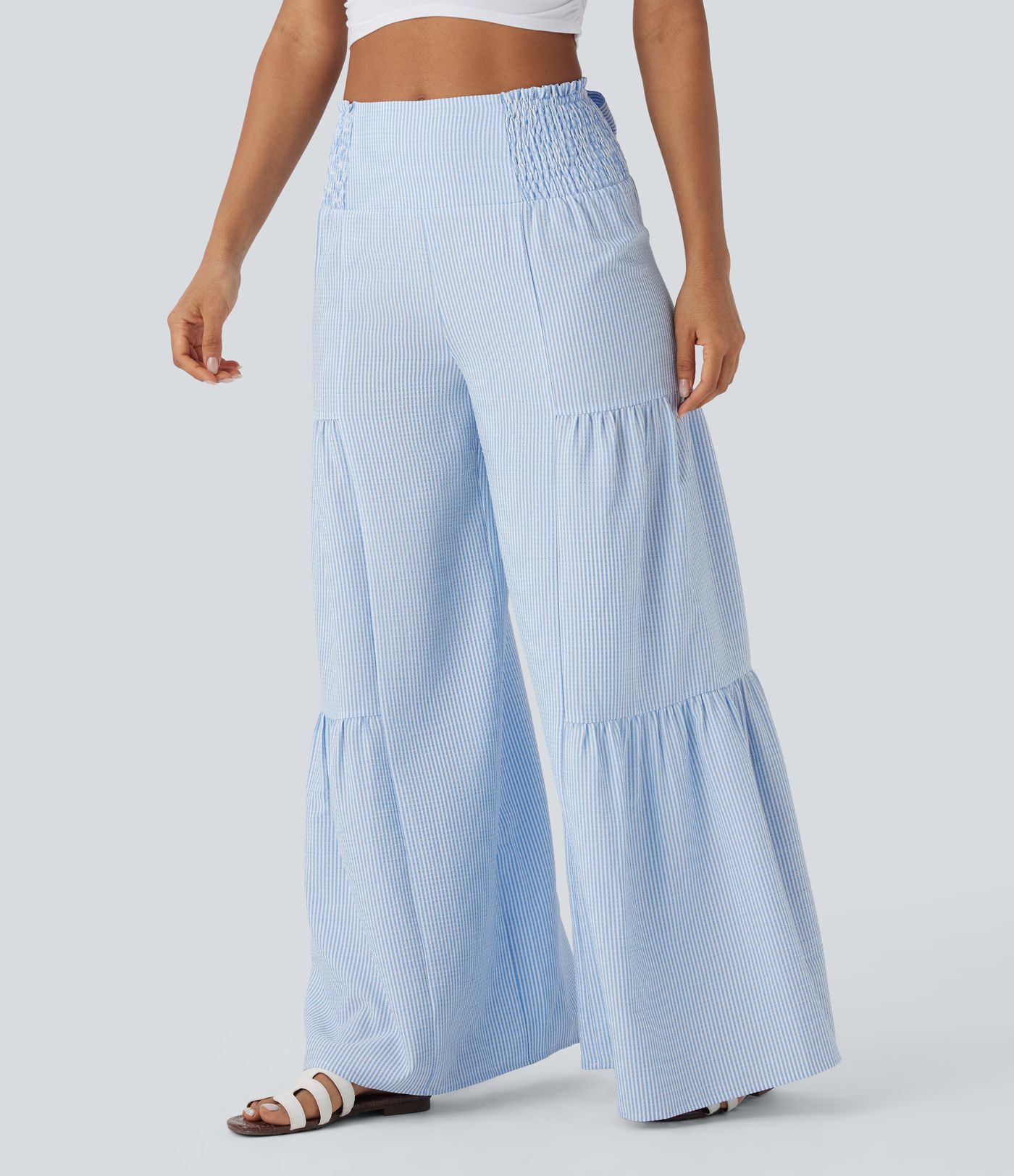 Pantalones anchos casuales de tiro alto con lazo en la espalda, fruncido y rayas fluidas