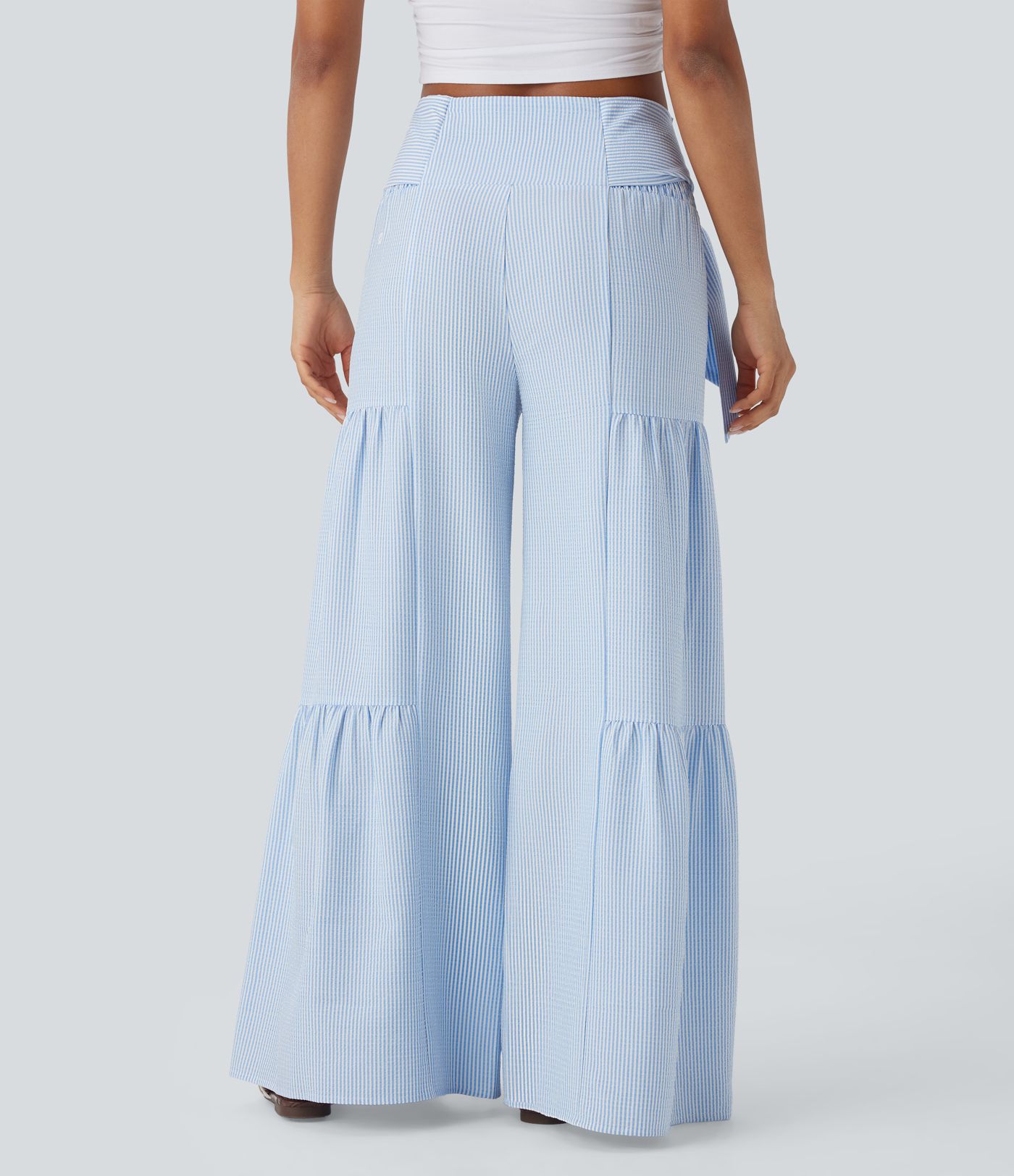 Pantalones anchos casuales de tiro alto con lazo en la espalda, fruncido y rayas fluidas