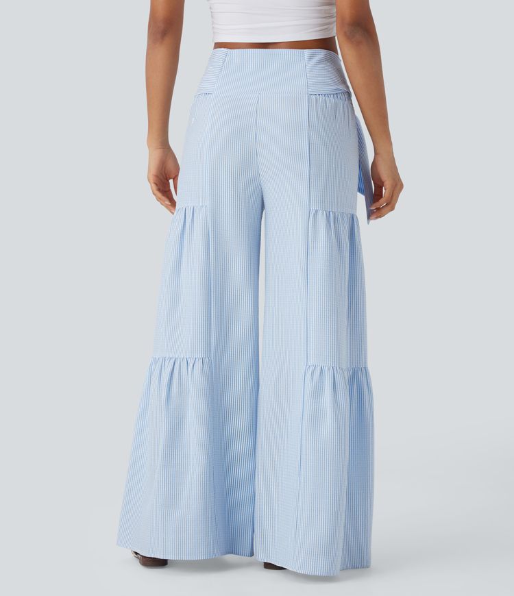 Pantalones anchos casuales de tiro alto con lazo en la espalda, fruncido y rayas fluidas