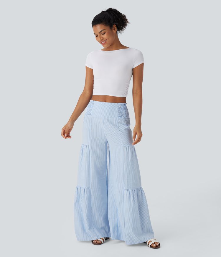 Pantalones anchos casuales de tiro alto con lazo en la espalda, fruncido y rayas fluidas