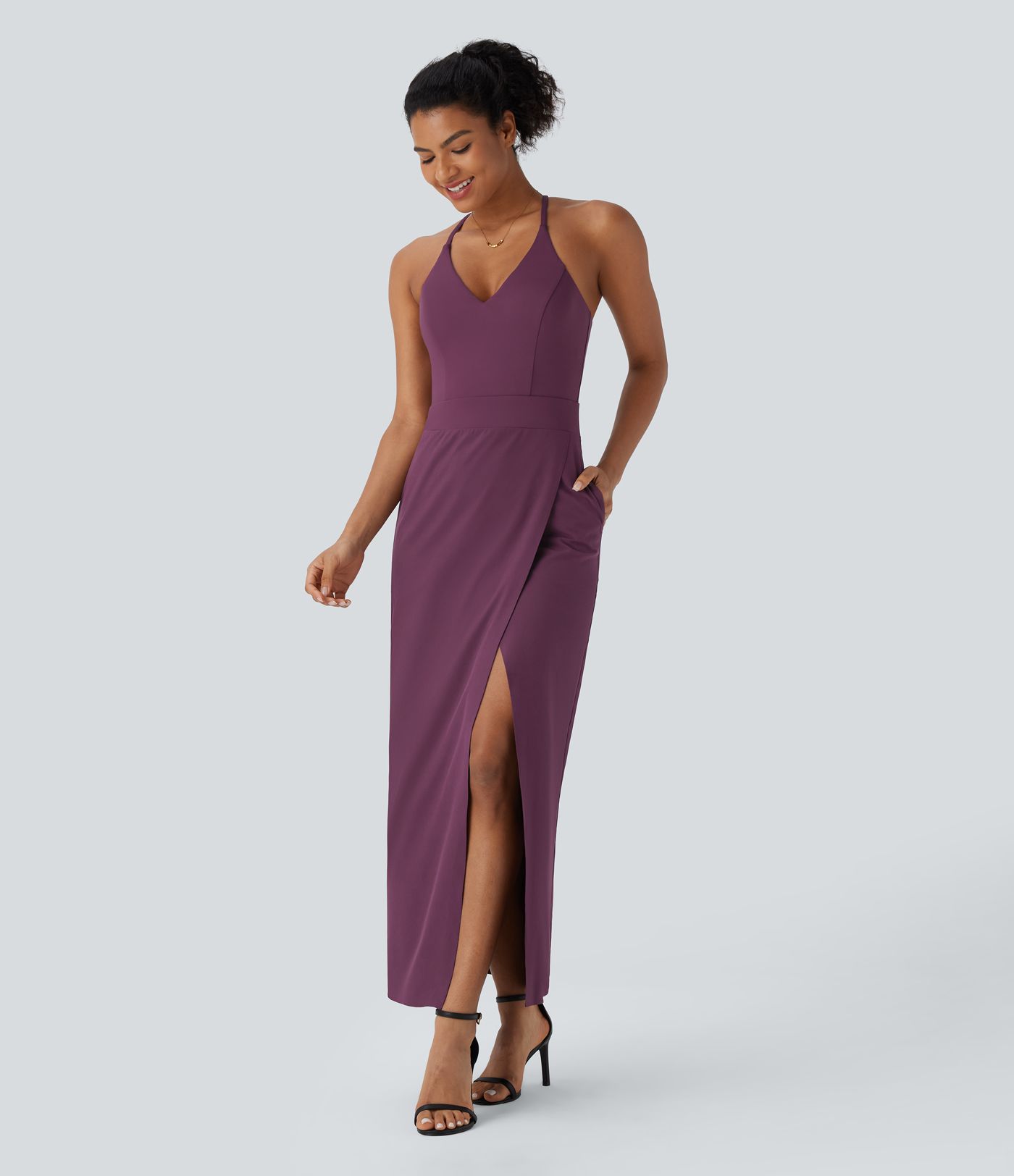 Breezeful™ Backless Adjustable Strap Invisible Zipper Side Pocket Split Maxi Quick Dry Party Dress
