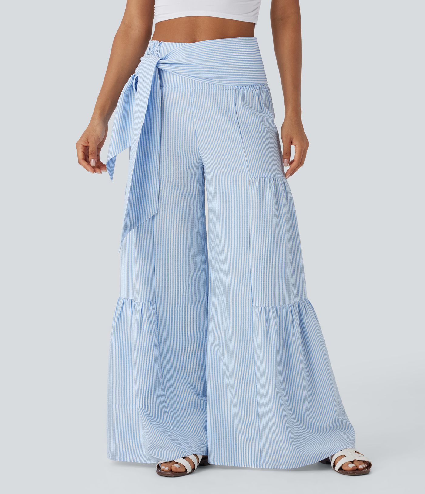 Pantalones anchos casuales de tiro alto con lazo en la espalda, fruncido y rayas fluidas