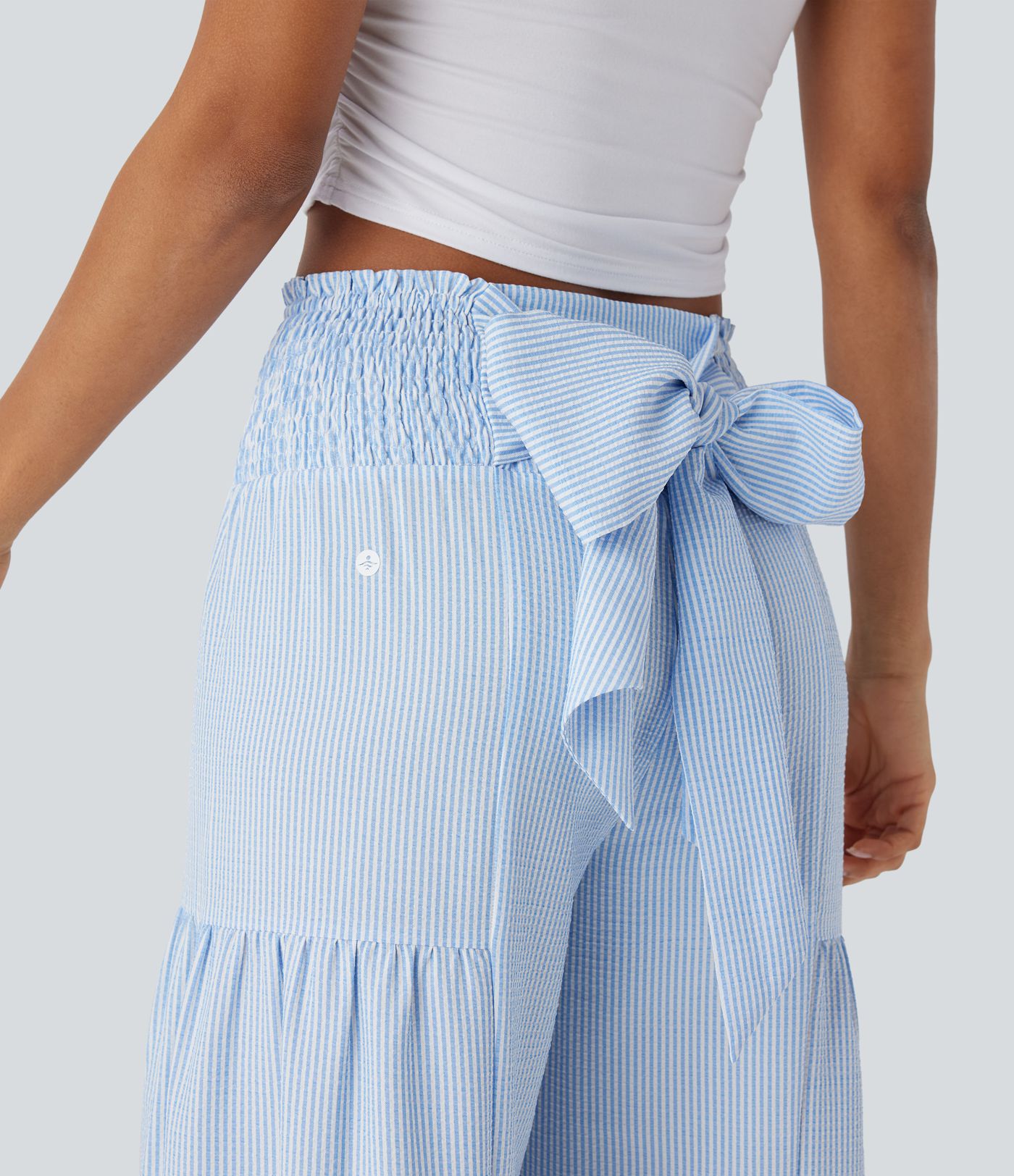 Pantalones anchos casuales de tiro alto con lazo en la espalda, fruncido y rayas fluidas