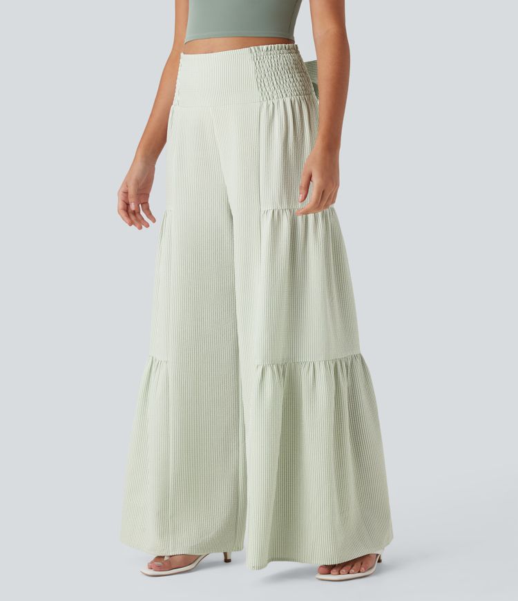 High Waisted Tie Back Shirred Wide Leg Flowy Stripe Casual Pants