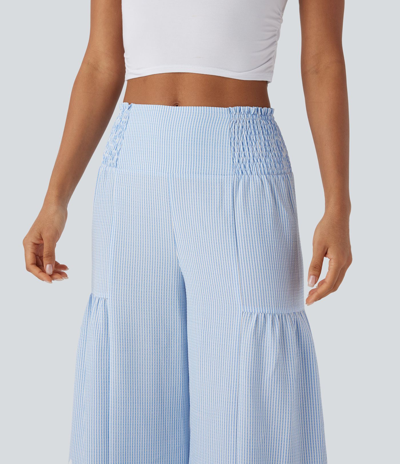 Pantalones anchos casuales de tiro alto con lazo en la espalda, fruncido y rayas fluidas