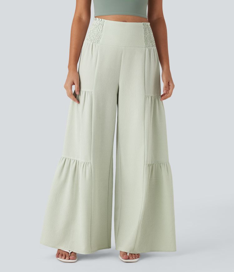 High Waisted Tie Back Shirred Wide Leg Flowy Stripe Casual Pants