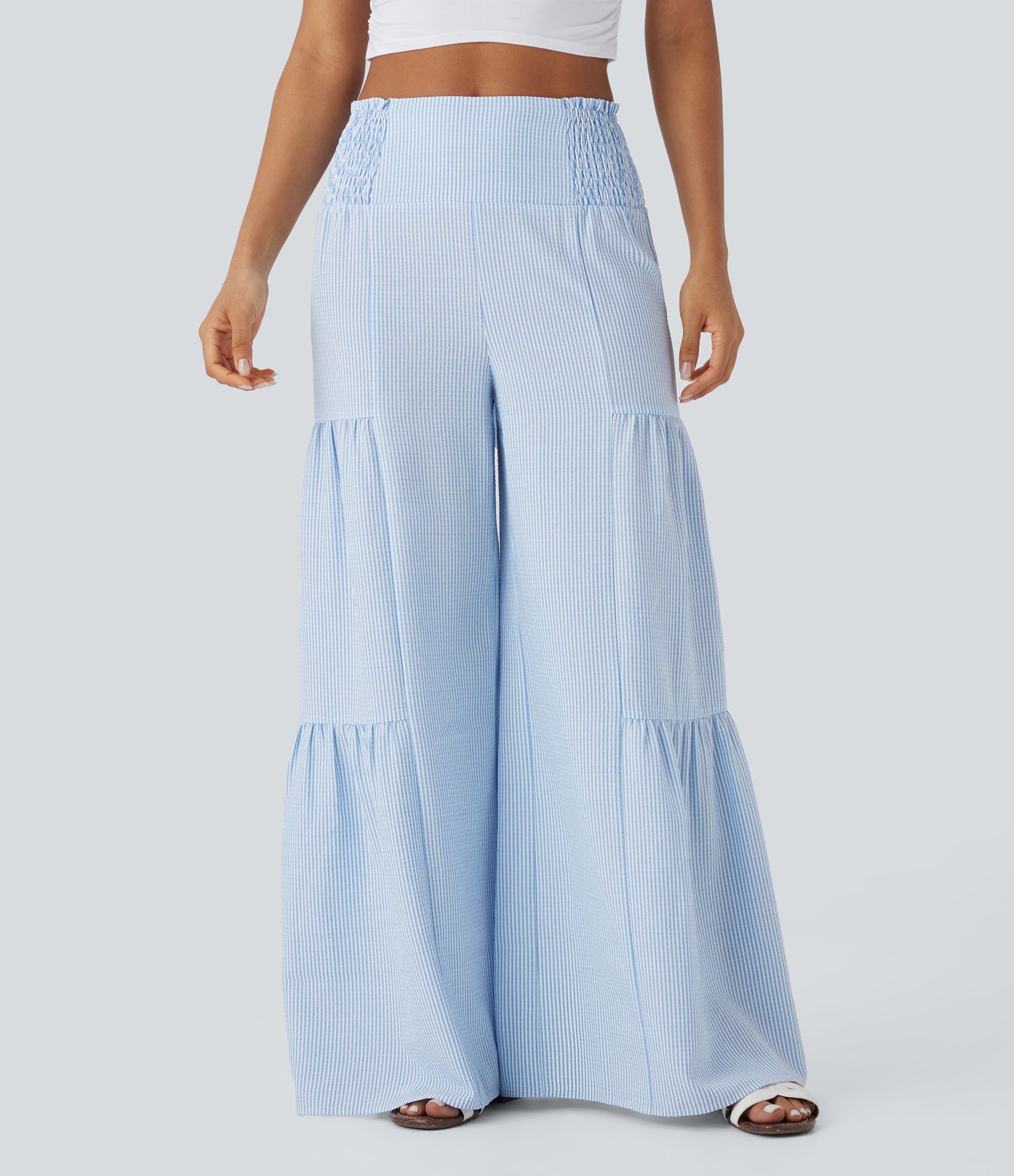 Pantalones anchos casuales de tiro alto con lazo en la espalda, fruncido y rayas fluidas