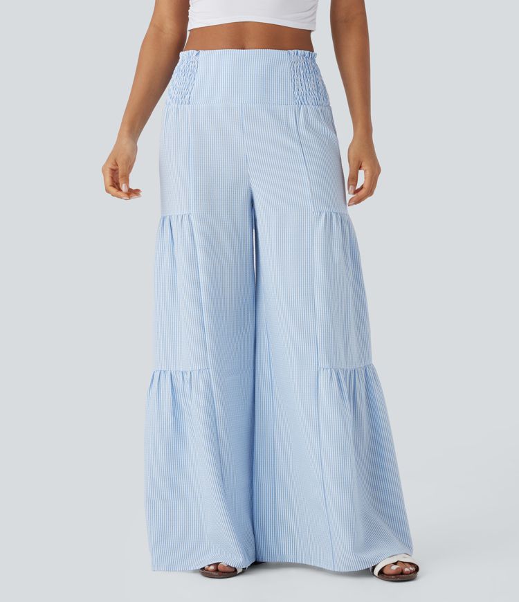 High Waisted Tie Back Shirred Wide Leg Flowy Stripe Casual Pants