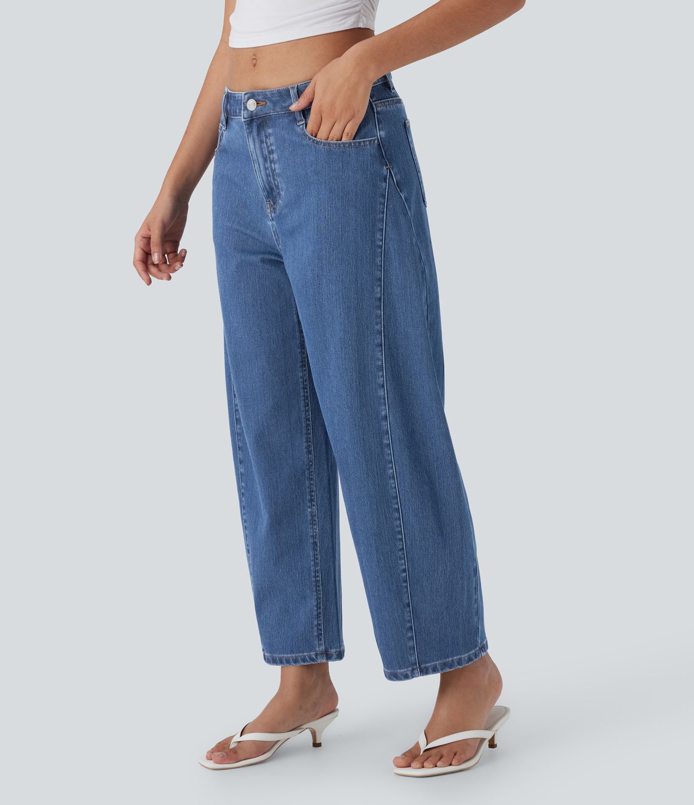 Jean décontracté Halara Flex™ à coupe mi-haute, lavé, avec jambes droites et poches