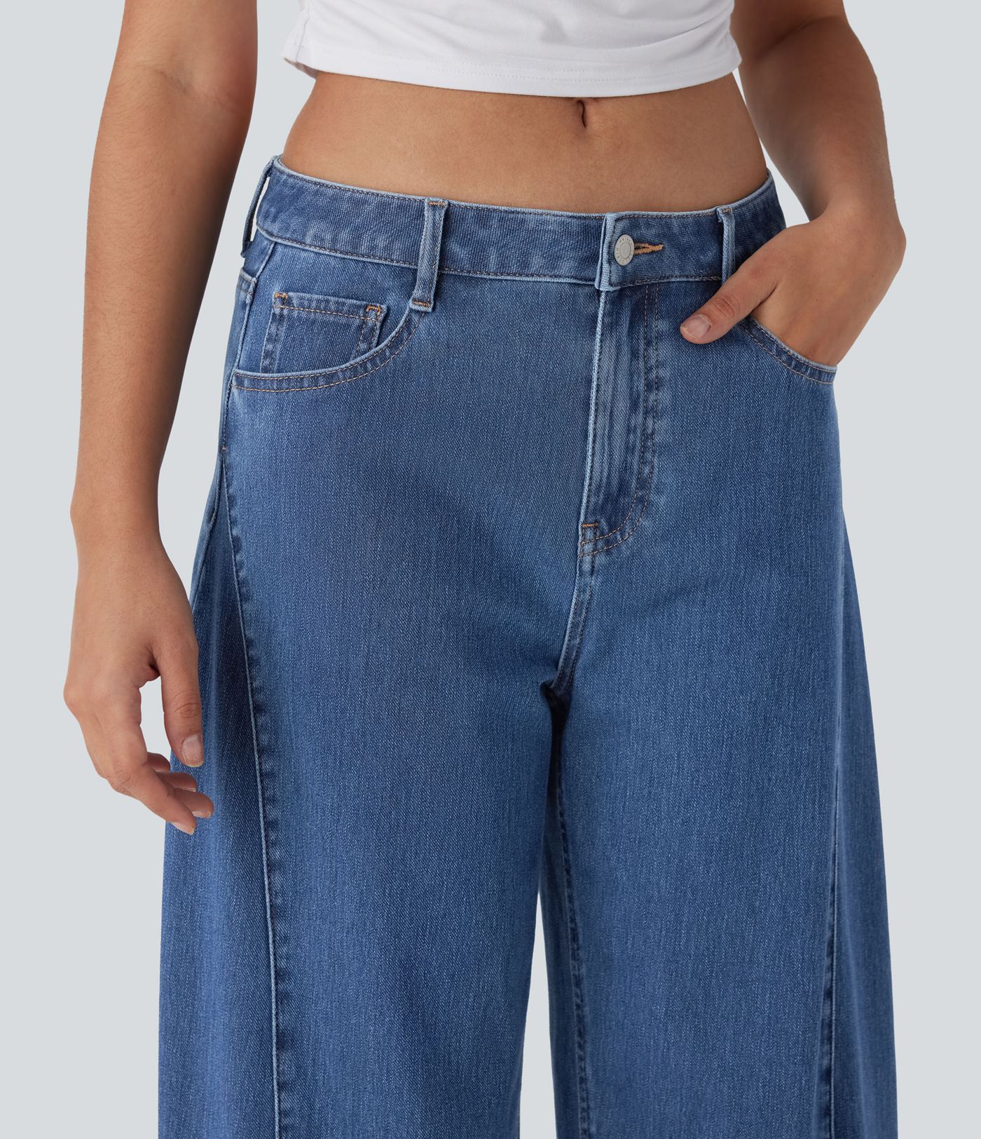 Jean décontracté Halara Flex™ à coupe mi-haute, lavé, avec jambes droites et poches