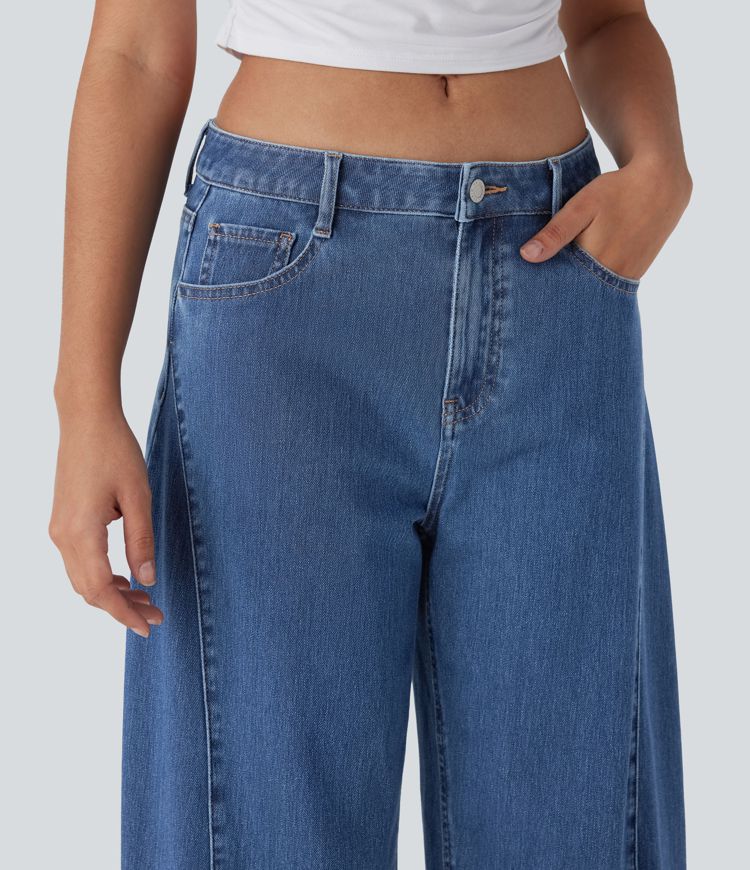 Jean décontracté Halara Flex™ à coupe mi-haute, lavé, avec jambes droites et poches