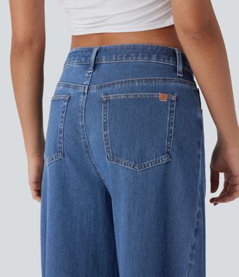 Jean décontracté Halara Flex™ à coupe mi-haute, lavé, avec jambes droites et poches