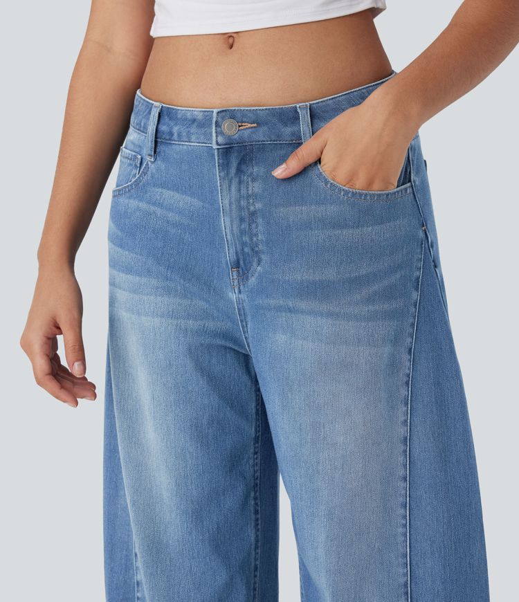 Halara Flex™ Mid Rise Washed Casual Barrel Leg Jeans with Pockets