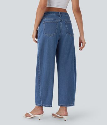 Jean décontracté Halara Flex™ à coupe mi-haute, lavé, avec jambes droites et poches