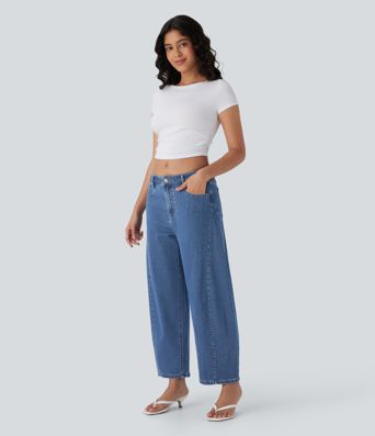 Jean décontracté Halara Flex™ à coupe mi-haute, lavé, avec jambes droites et poches