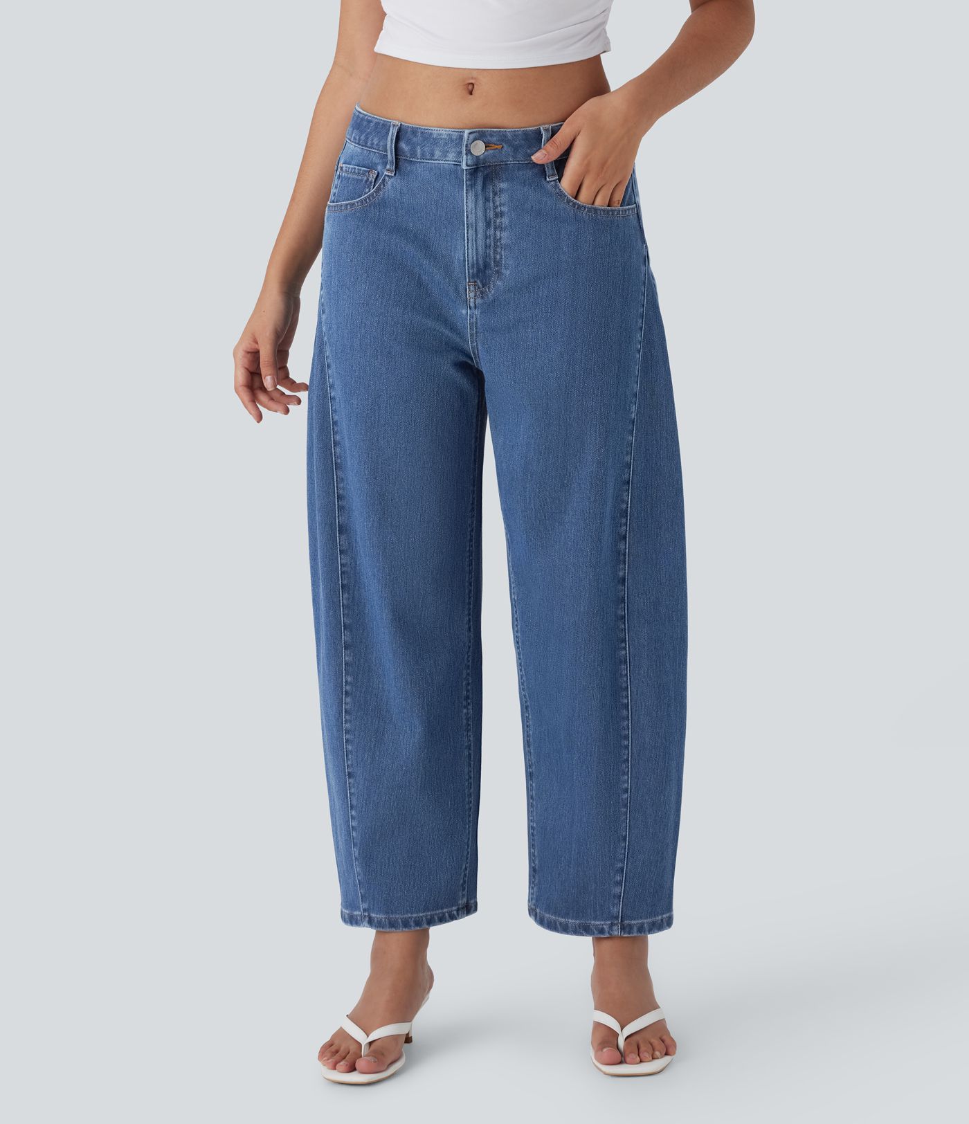Jean décontracté Halara Flex™ à coupe mi-haute, lavé, avec jambes droites et poches