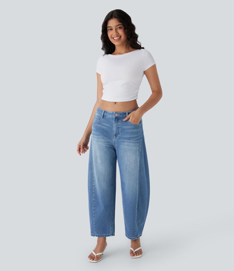 Halara Flex™ Mid Rise Washed Casual Barrel Leg Jeans with Pockets