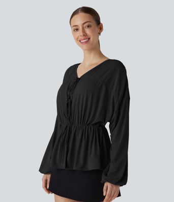 Long Sleeve Lace Up Drawstring Work Blouse