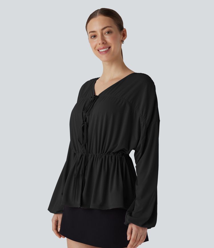 Long Sleeve Lace Up Drawstring Work Blouse