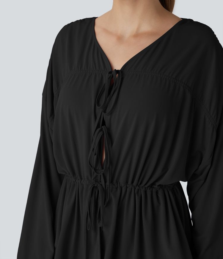 Long Sleeve Lace Up Drawstring Work Blouse