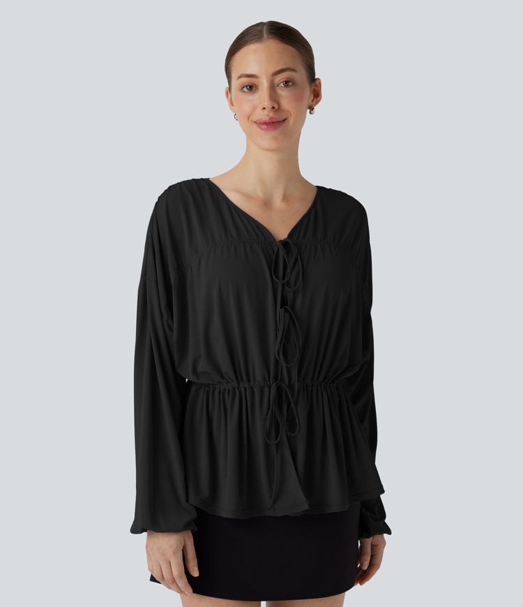 Long Sleeve Lace Up Drawstring Work Blouse