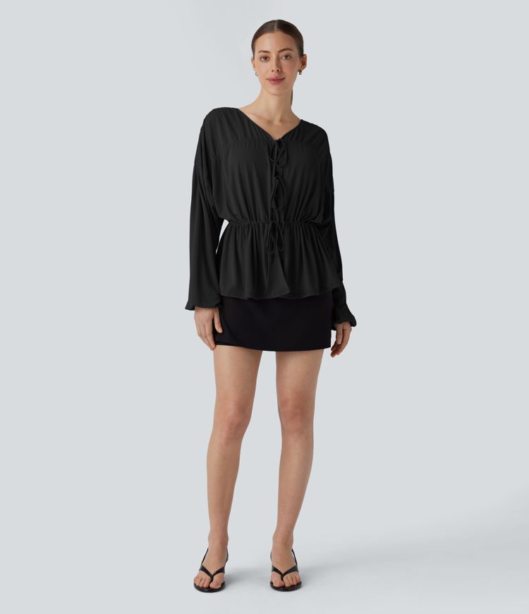 Long Sleeve Lace Up Drawstring Work Blouse