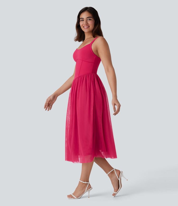 Corset Contrast Mesh Midi Dress