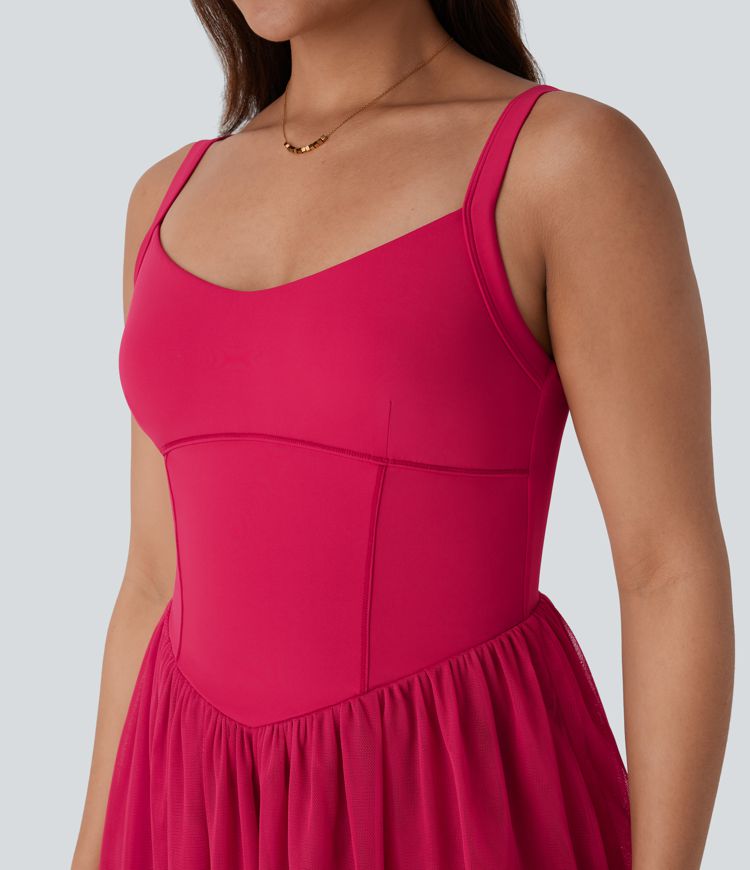 Corset Contrast Mesh Midi Dress