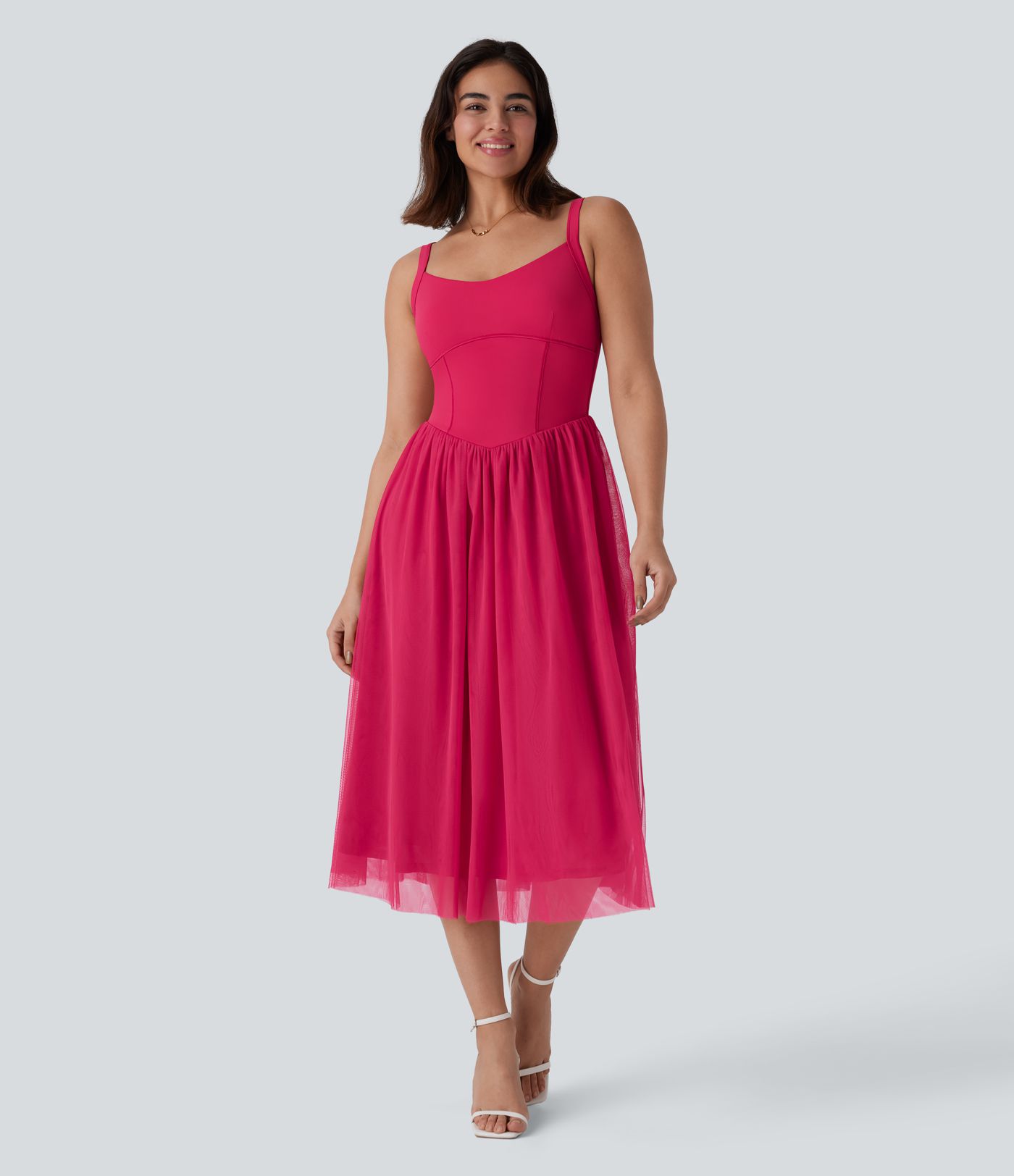 Corset Contrast Mesh Midi Dress