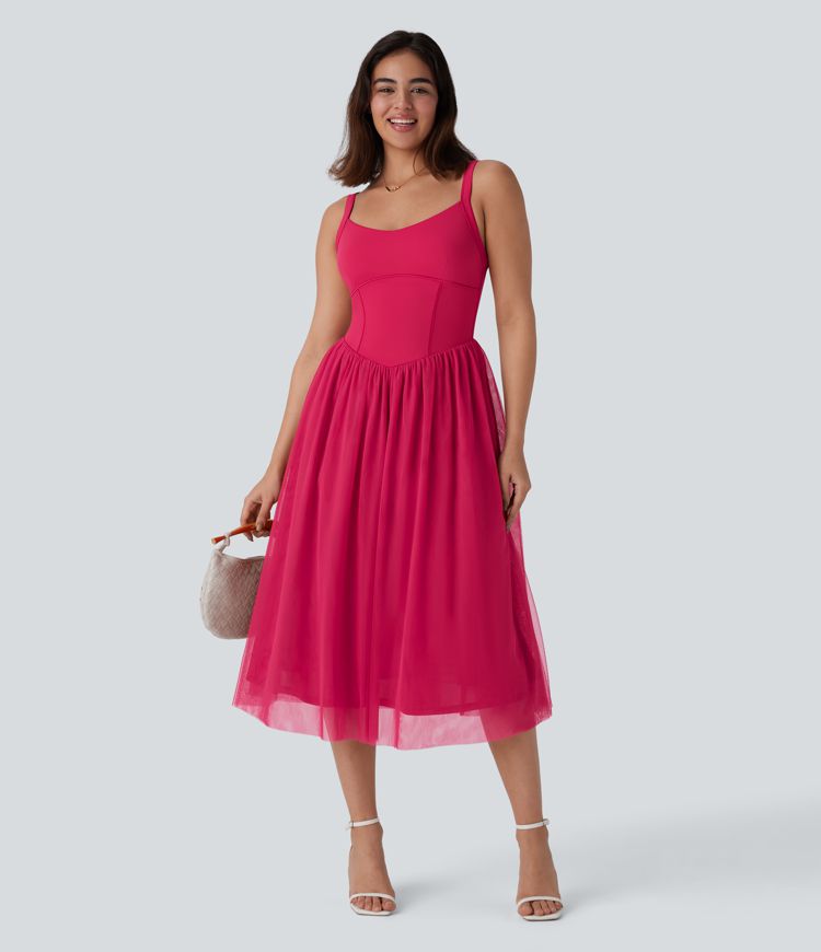 Corset Contrast Mesh Midi Dress