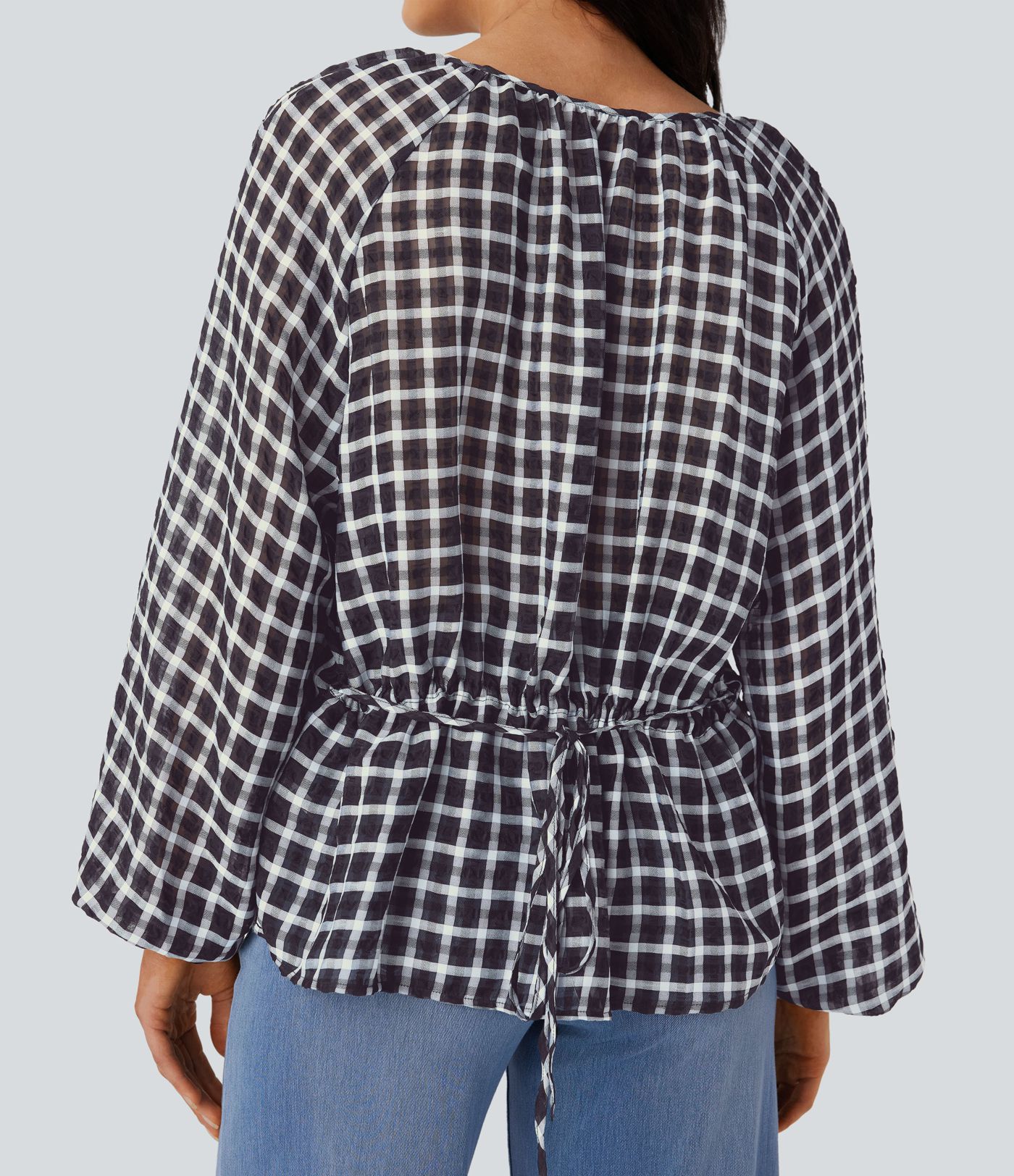 Blouse ample décontractée à carreaux avec col en V, nœud et manches évêque