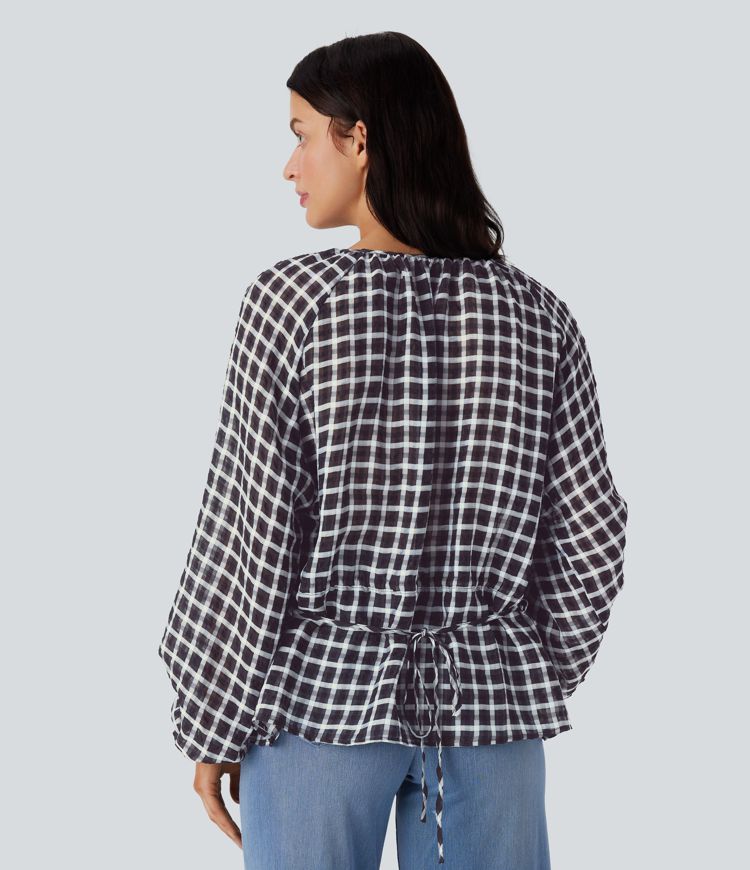 Blouse ample décontractée à carreaux avec col en V, nœud et manches évêque