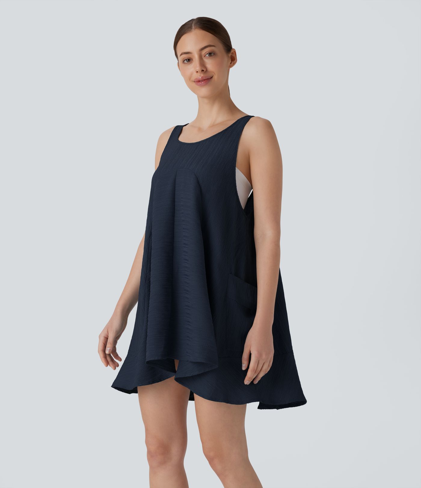 Tie Back Sleeveless Flowy Mini Casual Tunic Dress with Pockets