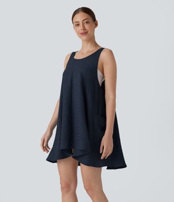 Tie Back Sleeveless Flowy Mini Casual Tunic Dress with Pockets