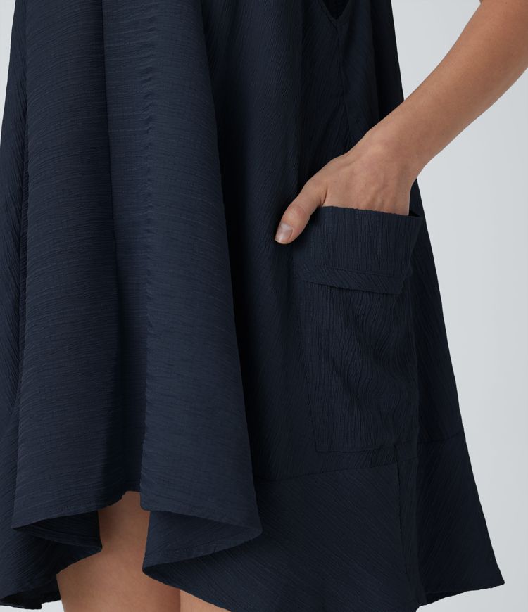 Tie Back Sleeveless Flowy Mini Casual Tunic Dress with Pockets