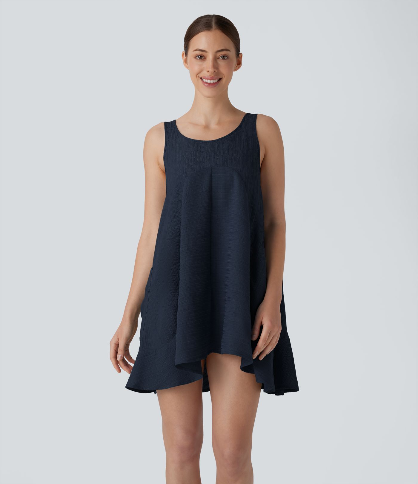 Tie Back Sleeveless Flowy Mini Casual Tunic Dress with Pockets