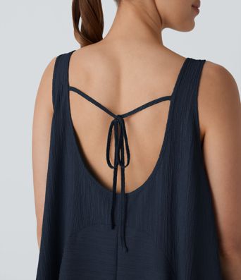 Tie Back Sleeveless Flowy Mini Casual Tunic Dress with Pockets