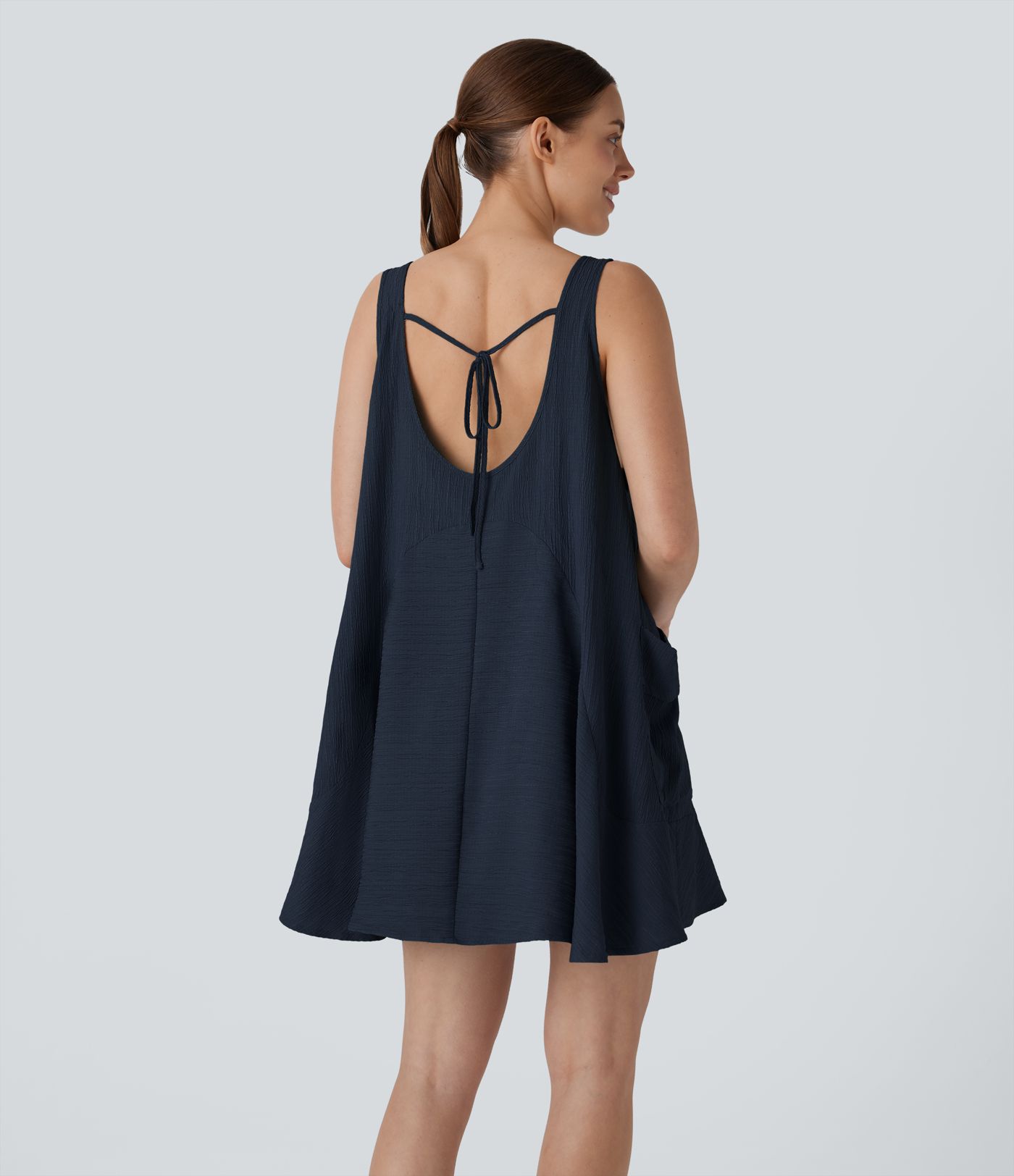 Tie Back Sleeveless Flowy Mini Casual Tunic Dress with Pockets