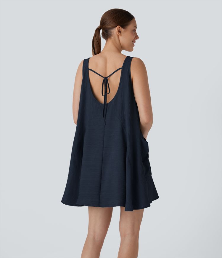 Tie Back Sleeveless Flowy Mini Casual Tunic Dress with Pockets