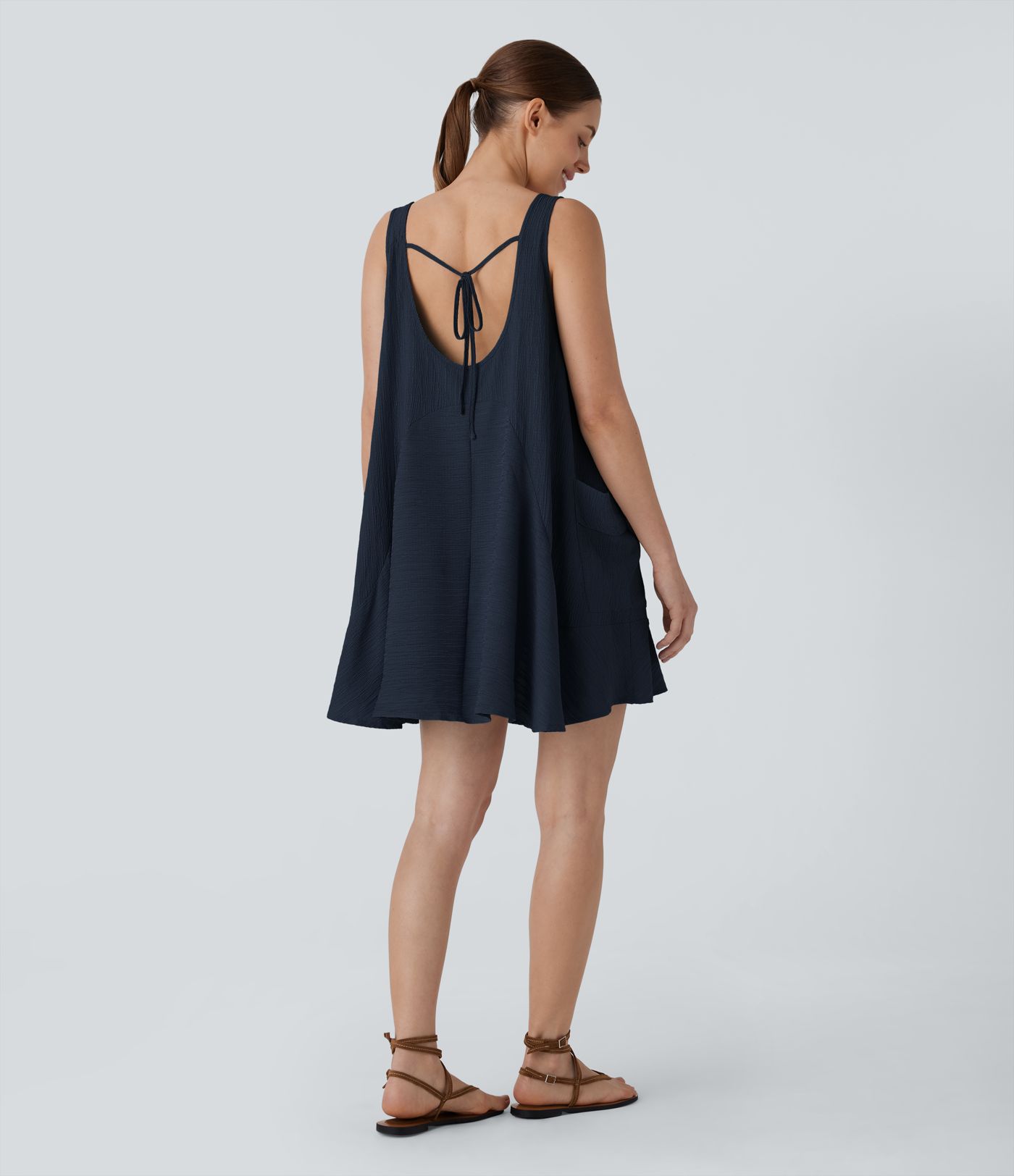 Tie Back Sleeveless Flowy Mini Casual Tunic Dress with Pockets