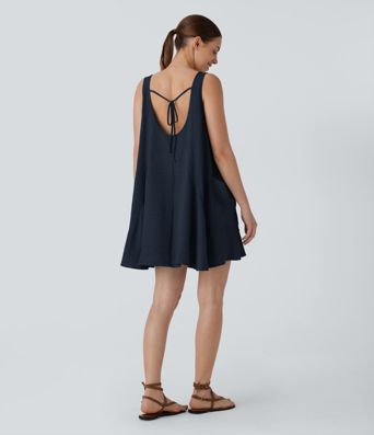 Tie Back Sleeveless Flowy Mini Casual Tunic Dress with Pockets
