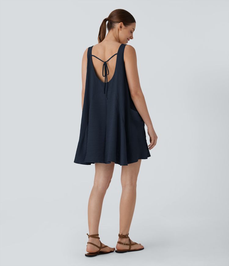 Tie Back Sleeveless Flowy Mini Casual Tunic Dress with Pockets