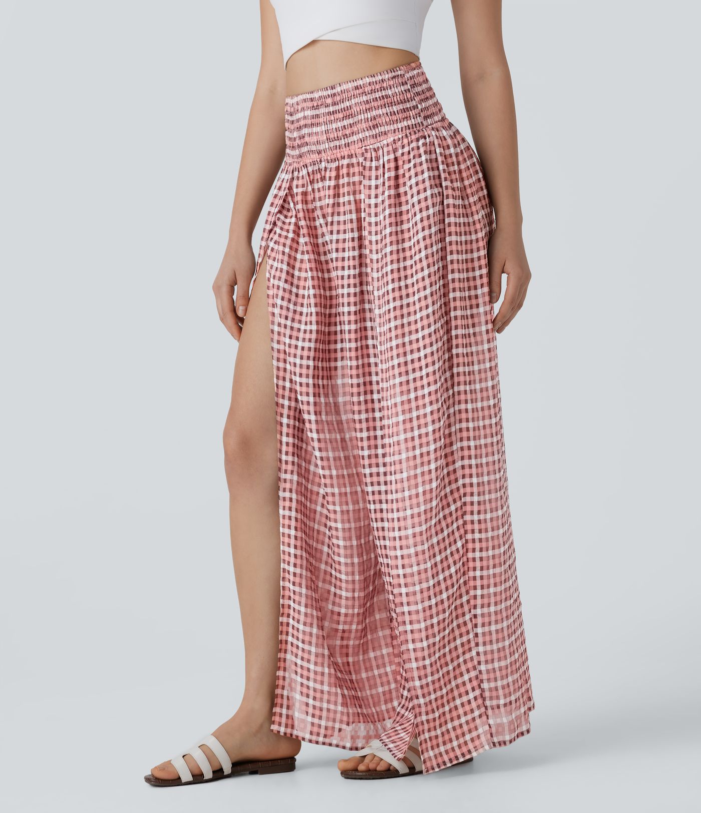 High Waisted Shirred Plaid Flowy Casual Wide Leg Pants