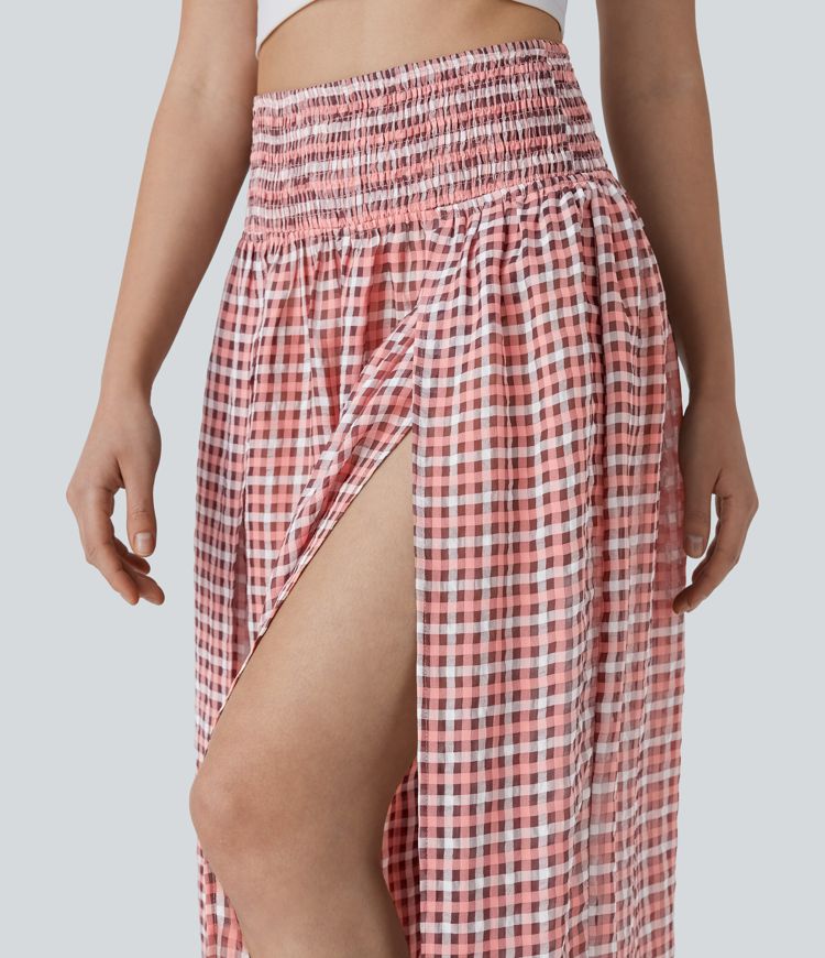 High Waisted Shirred Plaid Flowy Casual Wide Leg Pants