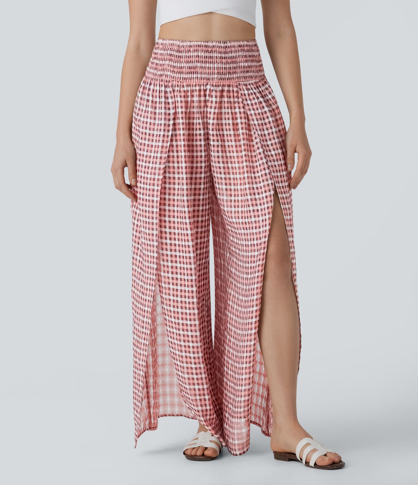 High Waisted Shirred Plaid Flowy Casual Wide Leg Pants
