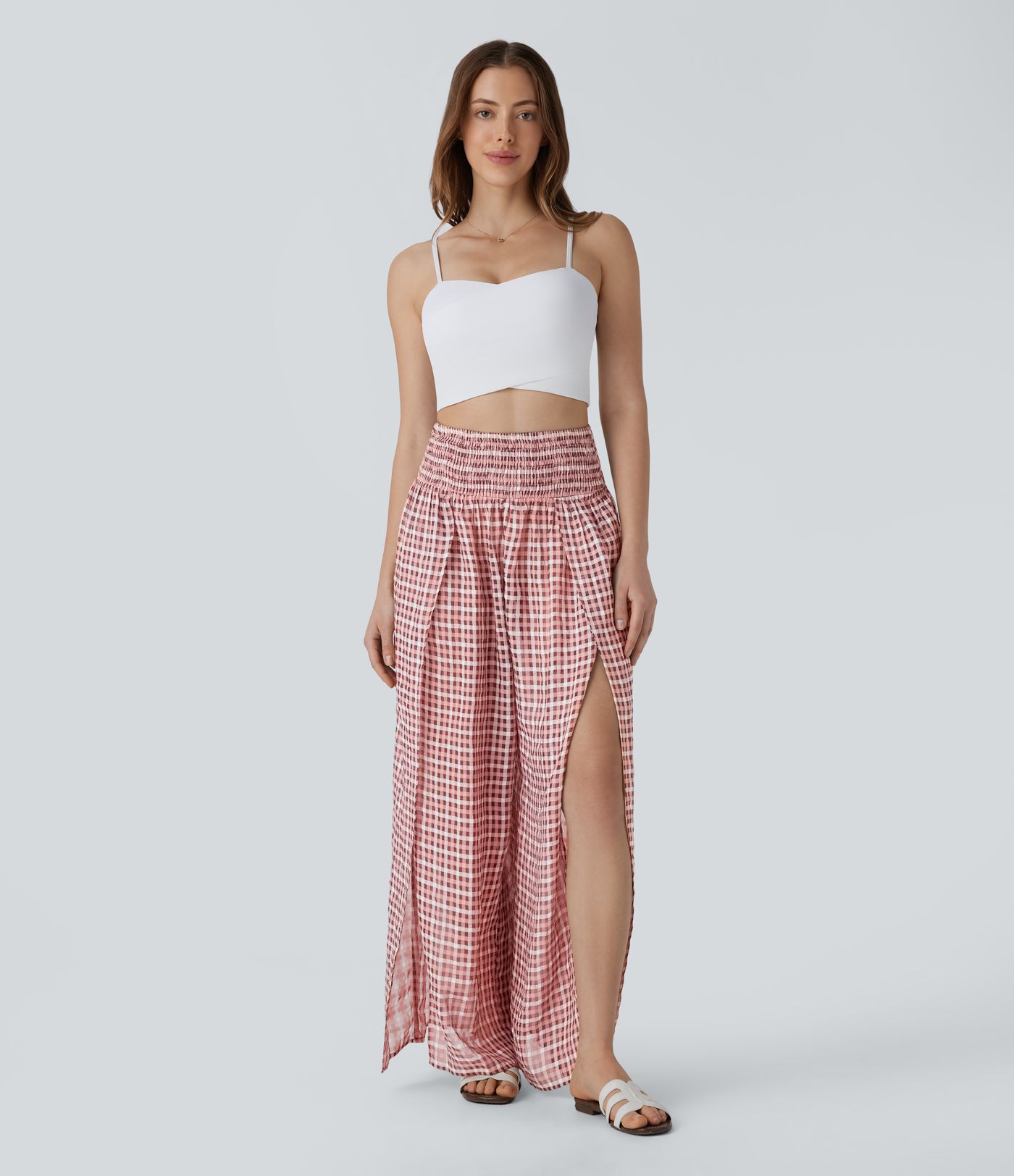 High Waisted Shirred Plaid Flowy Casual Wide Leg Pants