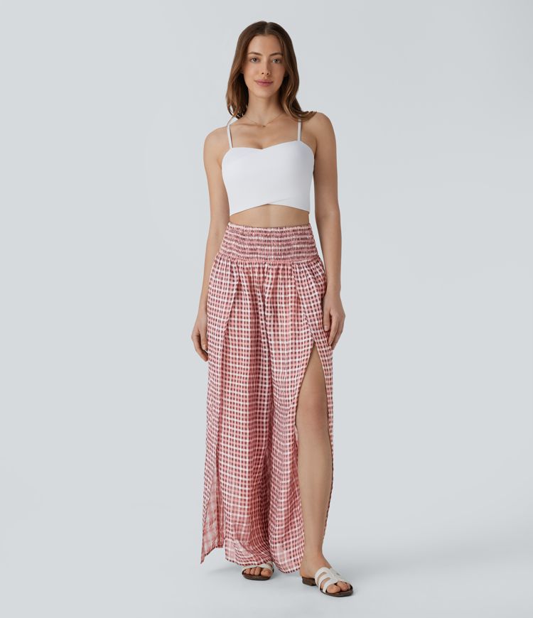 High Waisted Shirred Plaid Flowy Casual Wide Leg Pants